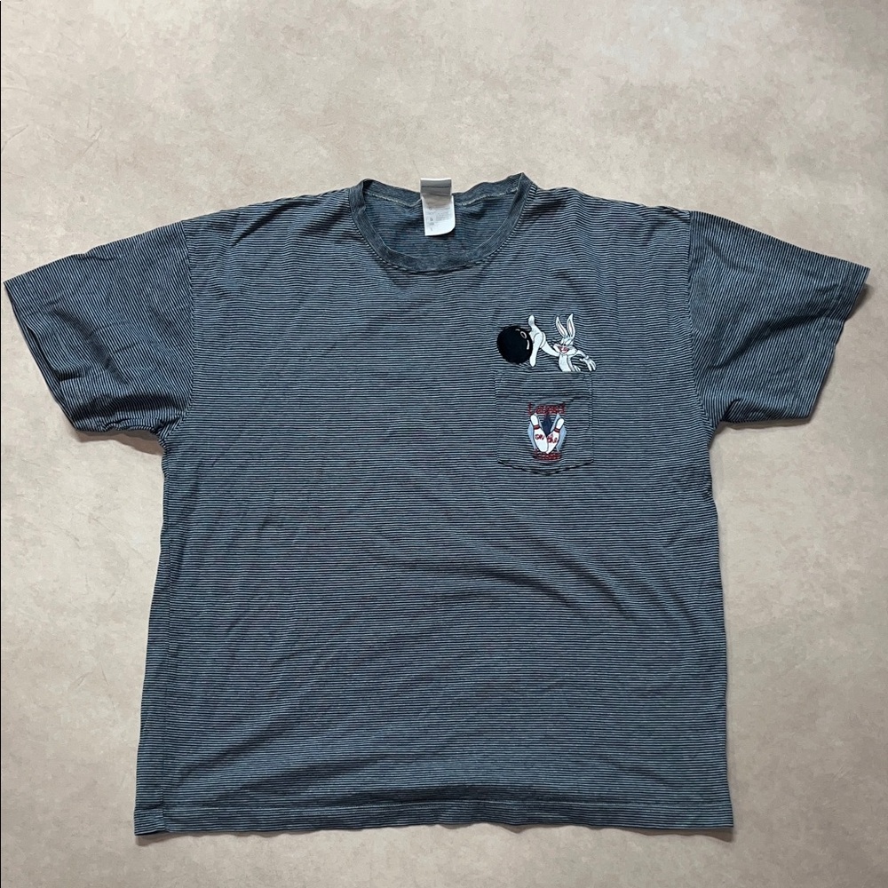 Vintage Looney Tunes Legend On The Lanes Bugs Bunny Striped Pocket T-Shirt